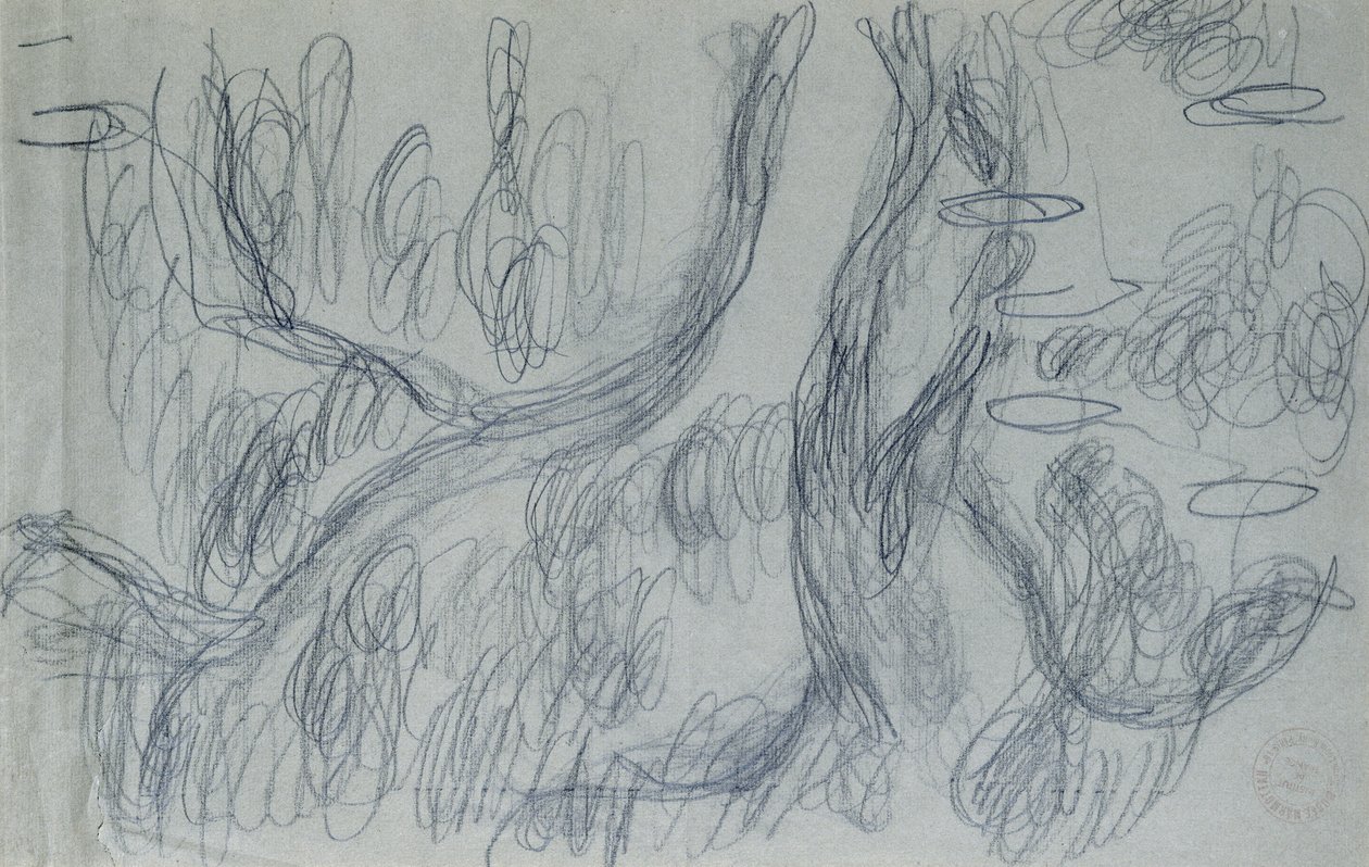 Willows'un Yansımaları, 1918 dolayları (mavi-gri kağıt üzerine siyah pastel boya) by Claude Monet