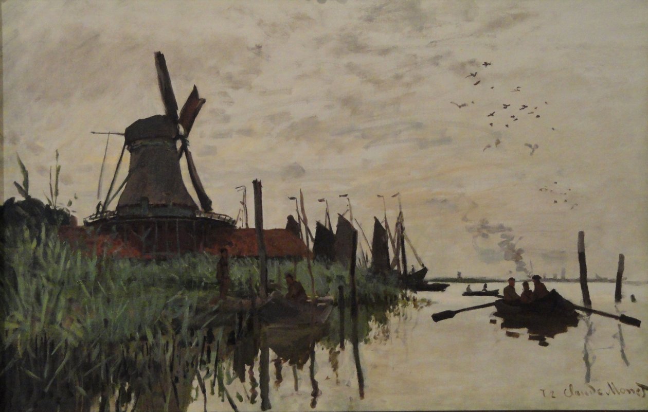 Yel değirmeni ve tekneler yakın Zaandam, Hollanda by Claude Monet