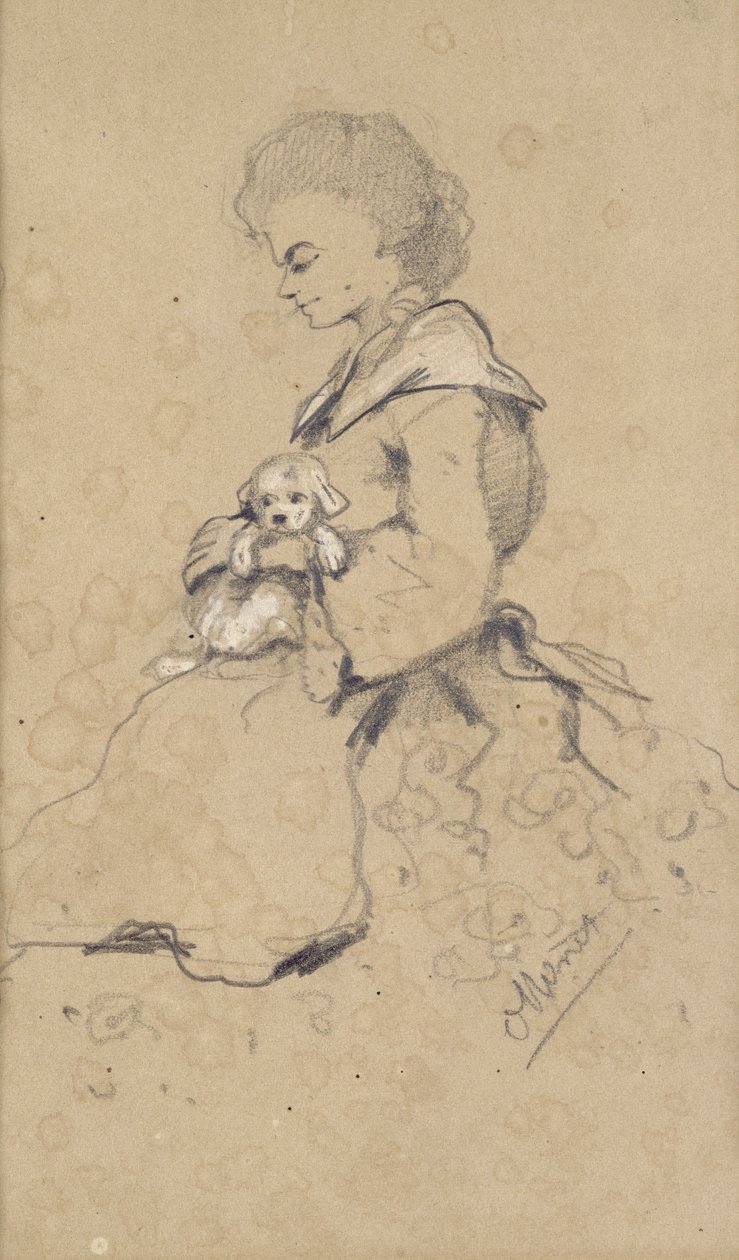 Küçük bir köpek tutan kadınlar, 1857 (kağıt üzerinde siyah ve beyaz tebeşir) by Claude Monet