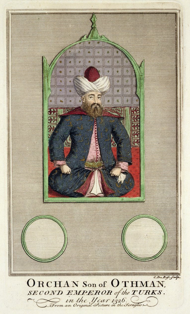 1326 yılında Türklerin İkinci İmparatoru Osman'ın oğlu Orhan (c.1288-c.1362), saraydaki orijinal bir resimden by Claude du Bose