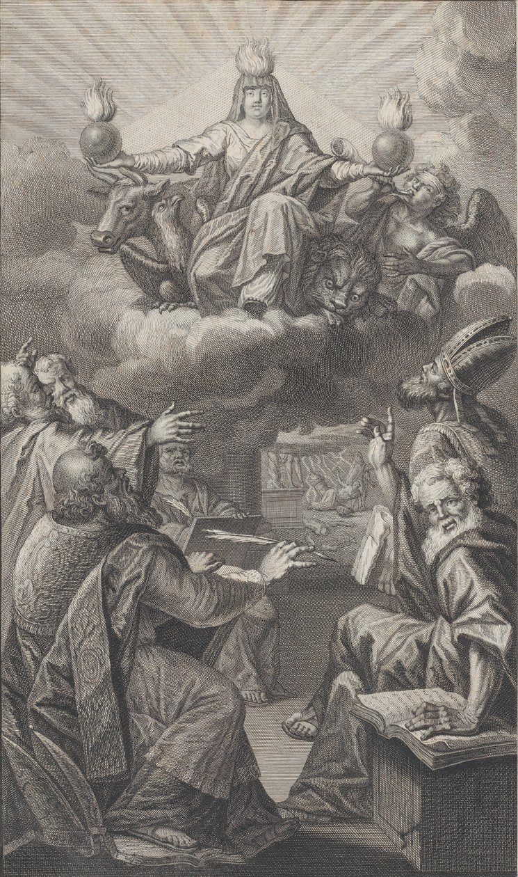 Aşağıda toplanmış bir grup adam size bakarken bulutların üzerinde beliren alegorik figür..., 1728. by Claude Augustin Duflos