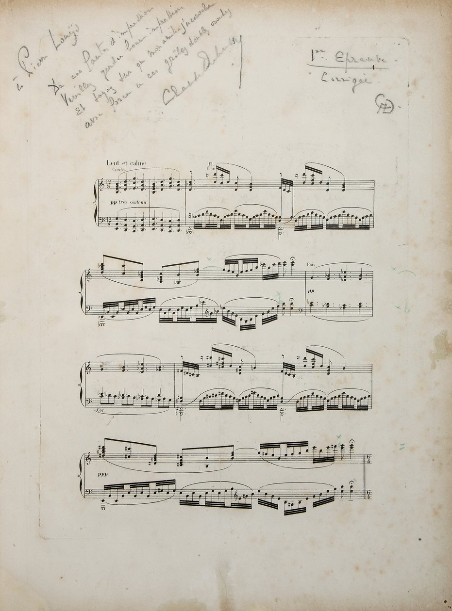 "La damoiselle elue"nin ilk düzeltilmiş ispatından sayfa, c.1887-88 by Claude Debussy