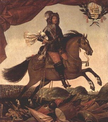 Bir generalin atlı portresi, ön planda arma ve ötesinde süvari by Claude Deruet