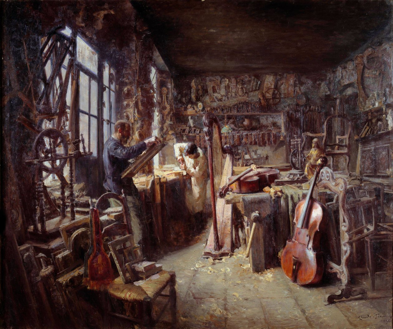 Aletlerle dolu atölyesinde bir restoratör. Claude Firmin (1864-1944) tarafından yapılan tablo 1896 Avignon musee Calvet Dikkat! Bu çalışmanın kullanımı, bir üçüncü taraf yetkilendirme talebine veya ek ücretlere tabi olabilir. by Claude Firmin