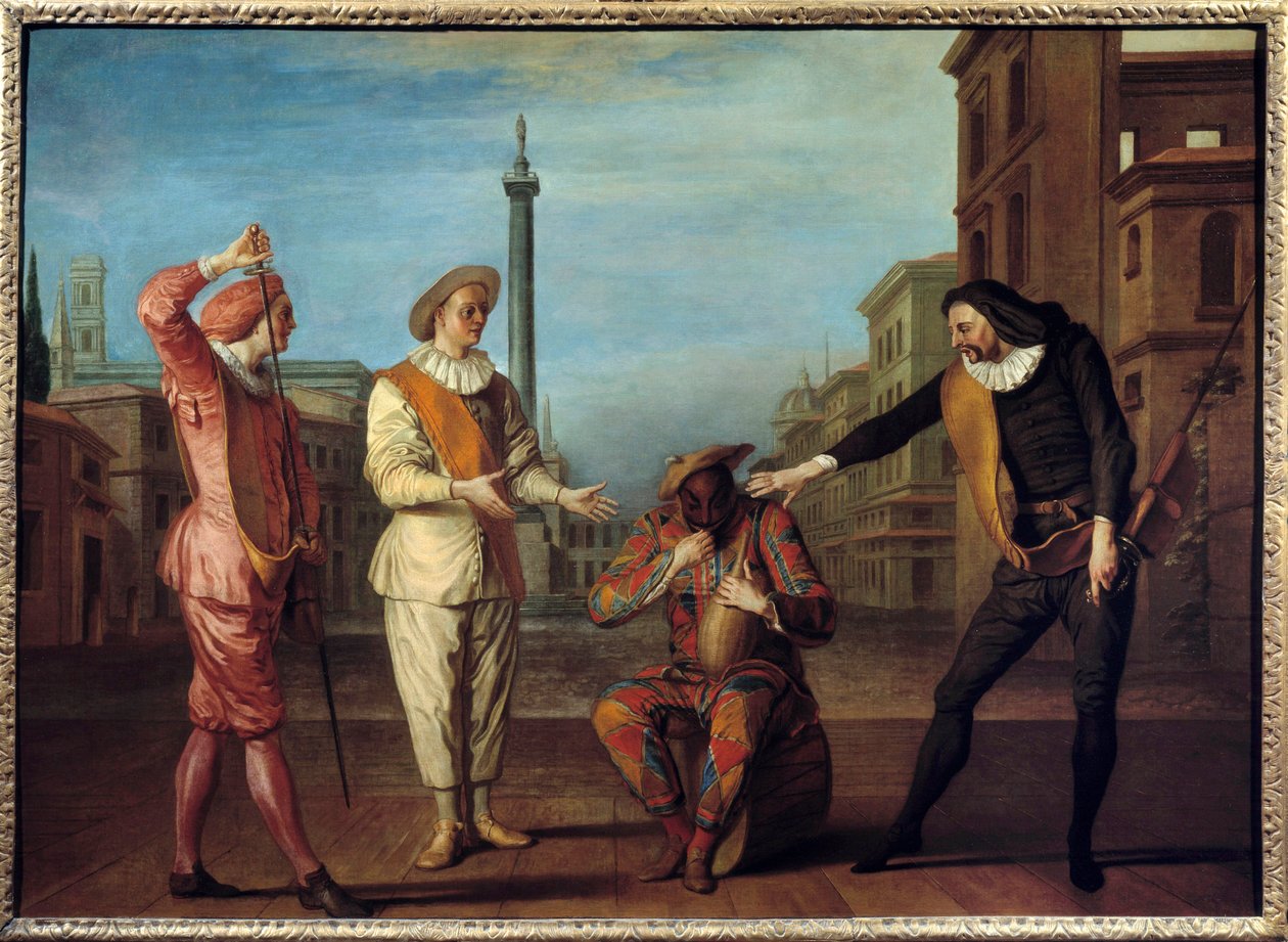 Comedia dell'Arte: “” Andre Ustanın Mezarı””” Jean de la Fontaine'in “L'oyre et les deux litideurs” adlı masalından esinlenerek Brugiere de Barante'nin komedisinin illüstrasyonu. Mezzetin ve Scaramouche bir şişe için savaşıyor. Harlequin, h by Claude Gillot