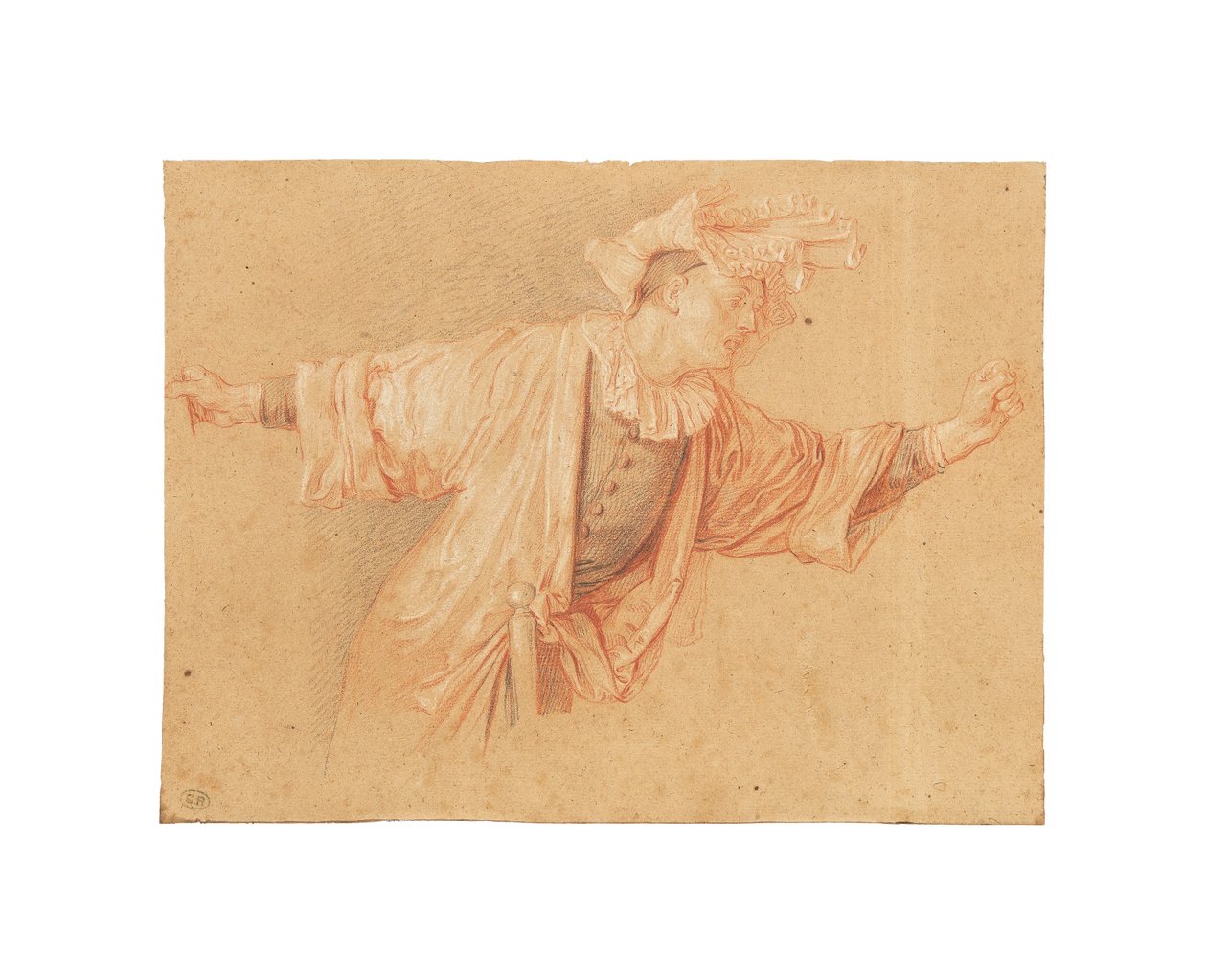 Scaramouche için çalışma, kolları uzanmış, c. 1707 (açık gri kağıt üzerinde kırmızı, siyah ve beyaz tebeşir) by Claude Gillot