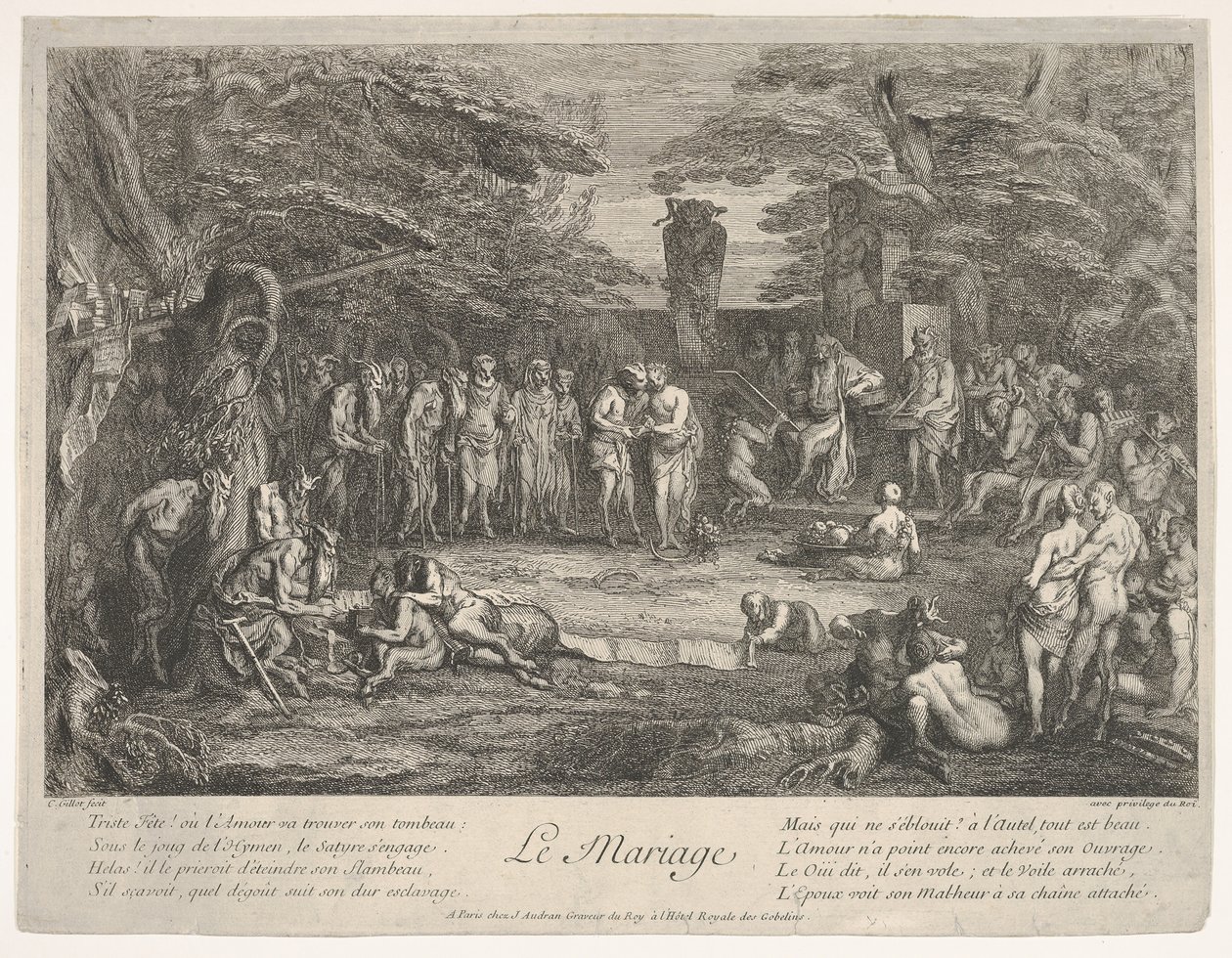 Evlilik Le Mariage: Bir ormanda, yaşlı bir satir nişanlı ile evlenir. 1700-1720. by Claude Gillot