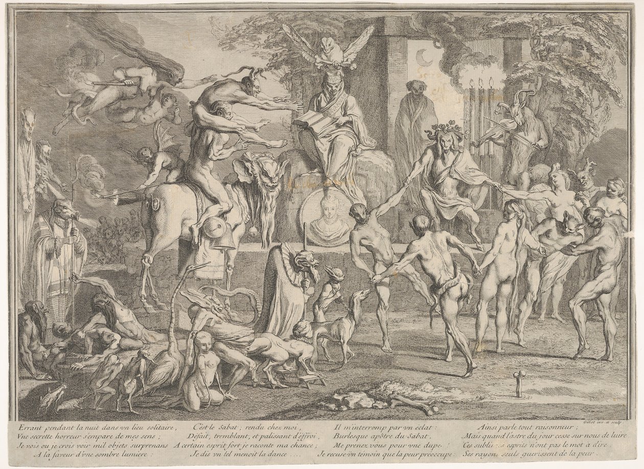 Witches Sabbath, bir gece manzarası içinde, en tepede oturan bir büyücü..., ca. 1700-1720. by Claude Gillot