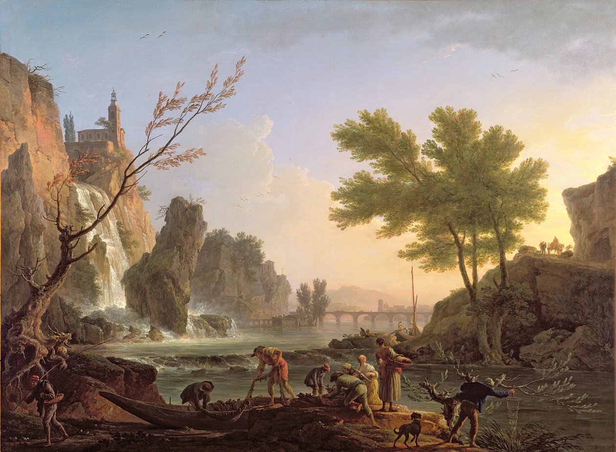 Bir çağlayan ve bir köprü ile bir manzarada balıkçı by Claude Joseph Vernet
