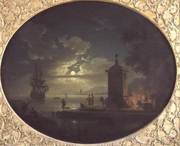 Gece: Rıhtımda bir ateşin yanında Balıkçılar ile Mehtaplı bir kıyı manzarası, ötesinde bir Savaş Adamı by Claude Joseph Vernet