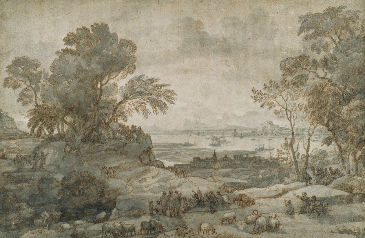 Dağdaki Vaazı Vaaz Eden Mesih ile Manzara (kağıt üzerinde gri yıkama ile kalem ve kahverengi mürekkep) by Claude Lorrain