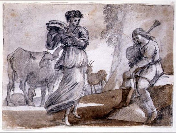 Kırsal Dans (siyah ve kırmızı tebeşir ve kağıt üzerinde yıkama) by Claude Lorrain