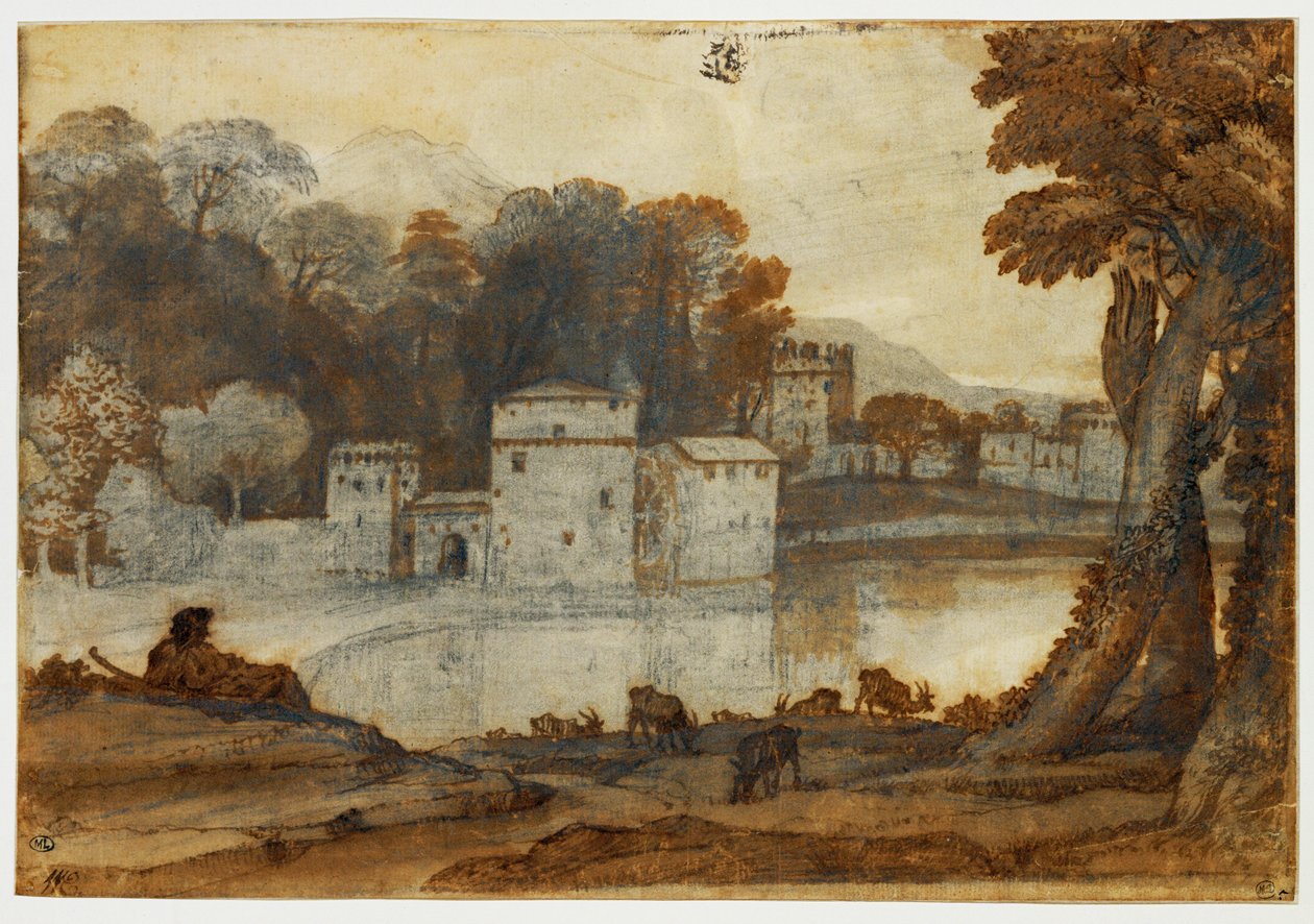Müstahkem bir değirmenin yakınındaki bir gölün yanında çoban ... by Claude Lorrain (1600-82)
