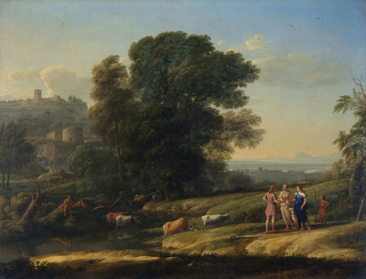 "Cephalus ve Procris ile Manzara Diana tarafından yeniden bir araya geldi" (Cephalus ve Procris ile Manzara Diana tarafından yeniden bir araya geldi) Tablo Claude Lorrain (1600-1682) Tuval üzerine yağlıboya 1645 Dim 101.5x133 cm National Gallery, Londra by Claude Lorrain