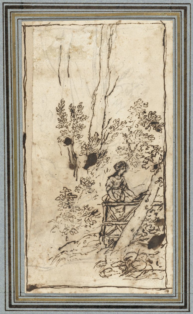 Ormandaki bir çitin yanında duran genç kadın Hayvan Albümü'nden hayvan çalışmaları. (dizi adı) by Claude Lorrain