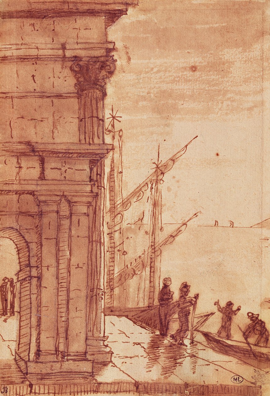 Gün doğumunda iniş aşaması (kalem, kahverengi mürekkep, kahverengi yıkama ve siyah mum boya) by Claude Lorrain