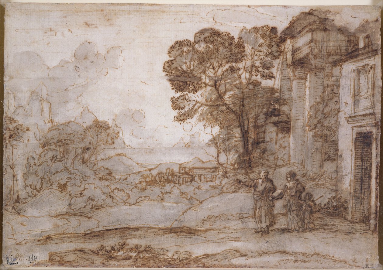 Landscape with Abraham Expelling Hagar and Ishmael, c.1665-67 (pen and ink and wash over chalk on paper) by Claude Lorrain