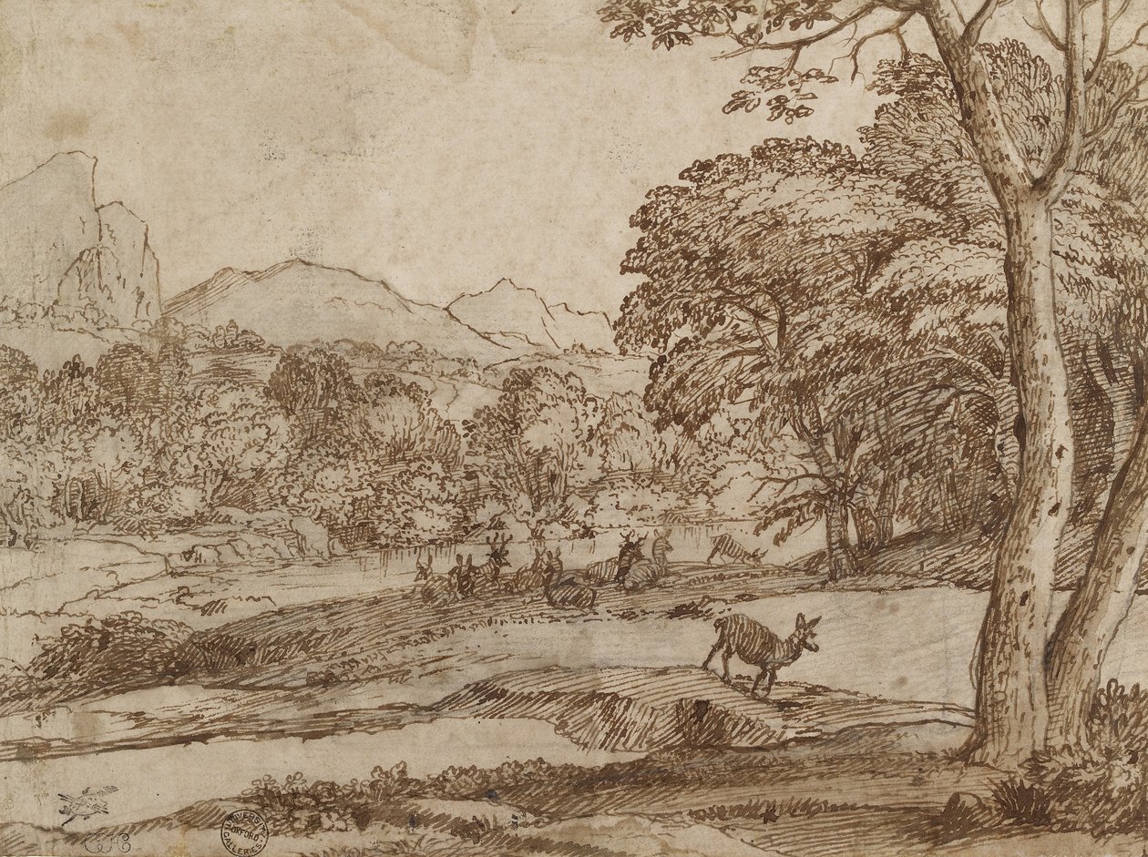 Bir Geyik Sürüsü ile Manzara, 1666 (siyah tebeşir, lekeli beyaz kağıda kalem ve kahverengi mürekkeple ovuşturulmuş) by Claude Lorrain