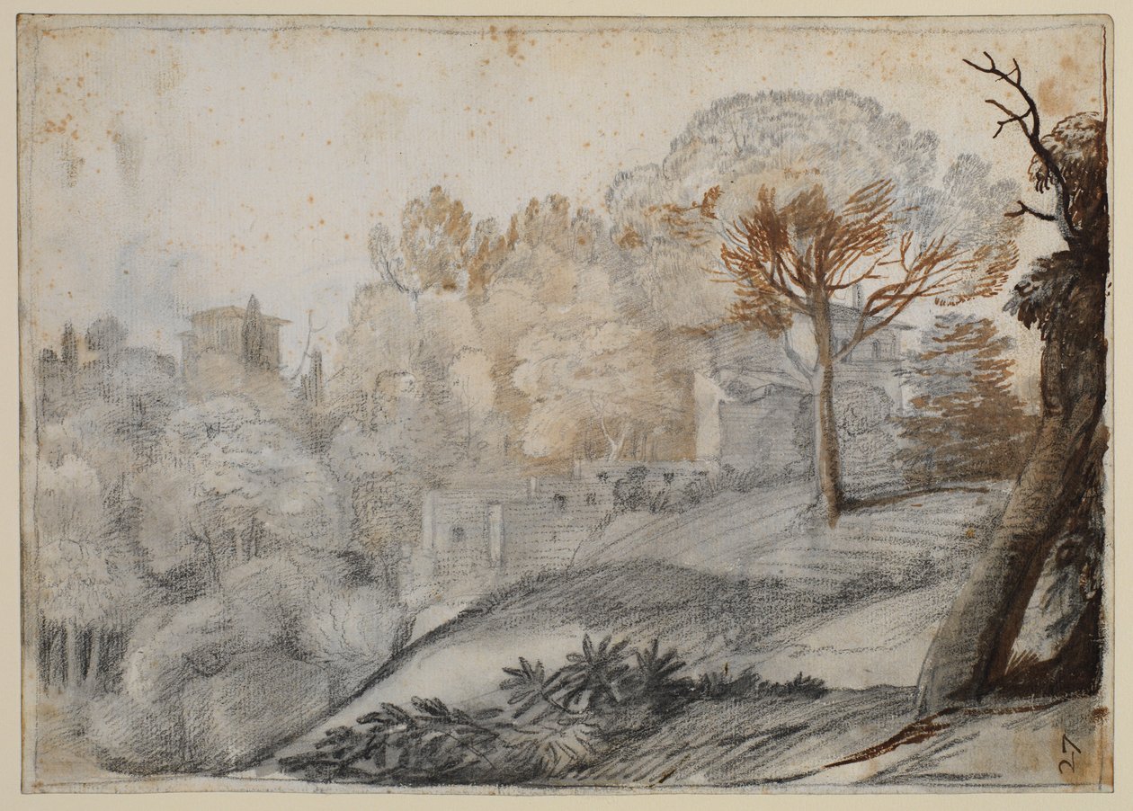 Ağaçlar ve binalar ile manzara by Claude Lorrain