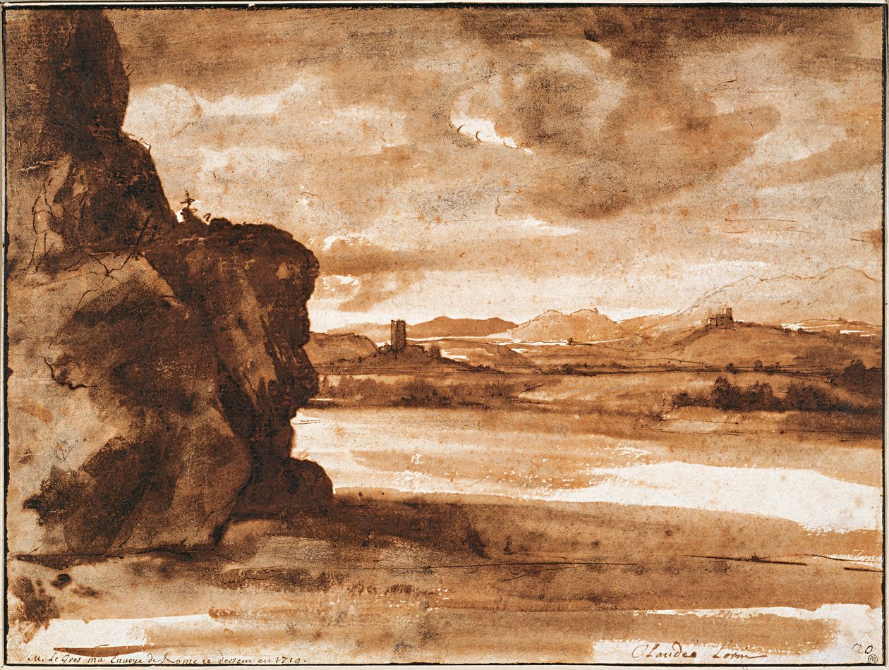 ""Bulutlu Gökyüzü ile Roma'nın Kuzeyinde Tiber Manzarası"" (Roma'nın kuzeyindeki Tiber Manzarası ve karanlık bulutlu gökyüzü) Claude Lorrain tarafından kalem çizimi (1600-1682) Yaklaşık 1630-1640 Dim 19,9 x 26,7 cm Albertina, Vi by Claude Lorrain