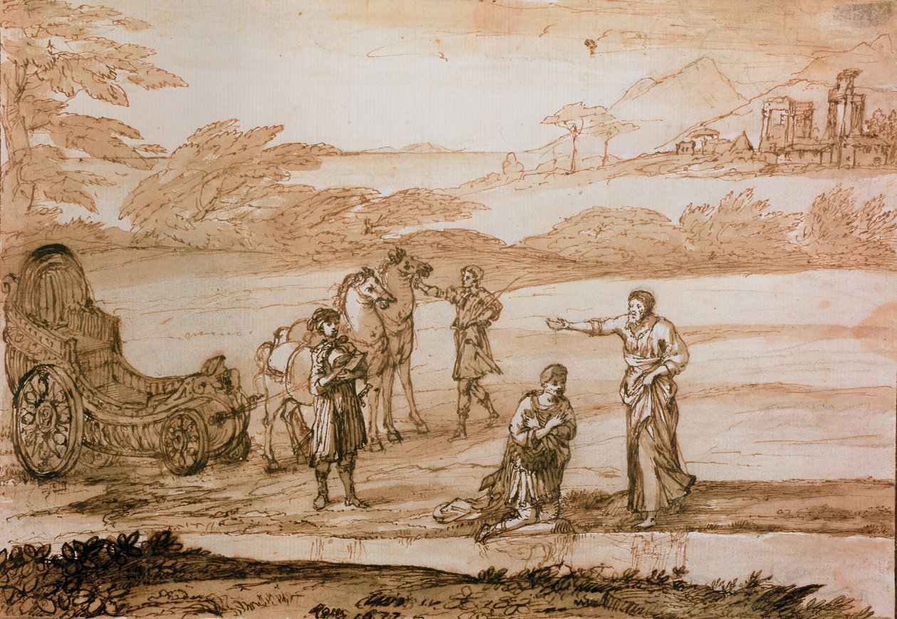 Aziz Philip Hadım Vaftizi, 1677 (kağıt üzerinde mürekkep ve yıkama) by Claude Lorrain