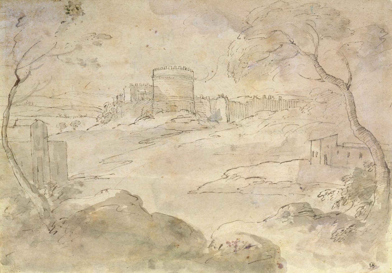 Müstahkem bir kasaba ile manzara (kağıt üzerinde mürekkep ve yıkama) by Claude Lorrain