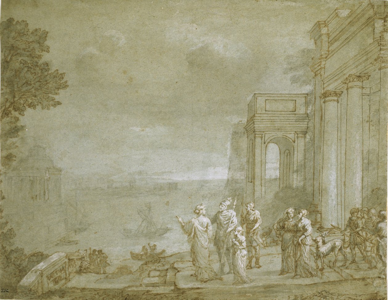 Dido ve Aeneas ile Kartaca'nın görünümü, 1676 (yıkama ve tebeşir ile kalem ve mürekkep, kağıt üzerinde beyaz ile yükseltilmiş) by Claude Lorrain