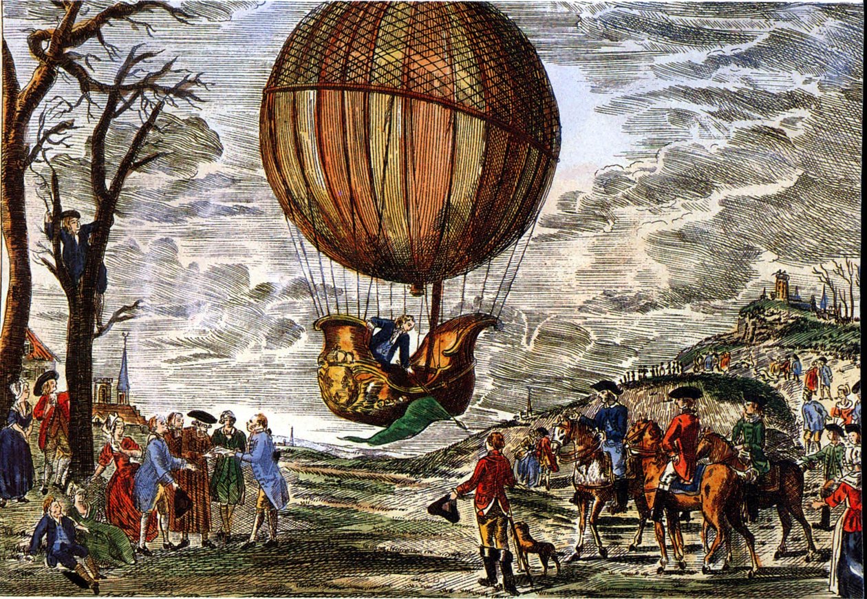 1783#39;te Chartres Dükü#39;nün görünümü altında bir sıcak hava balonunun uçuşu, gravür by Claude Louis (after) Desrais