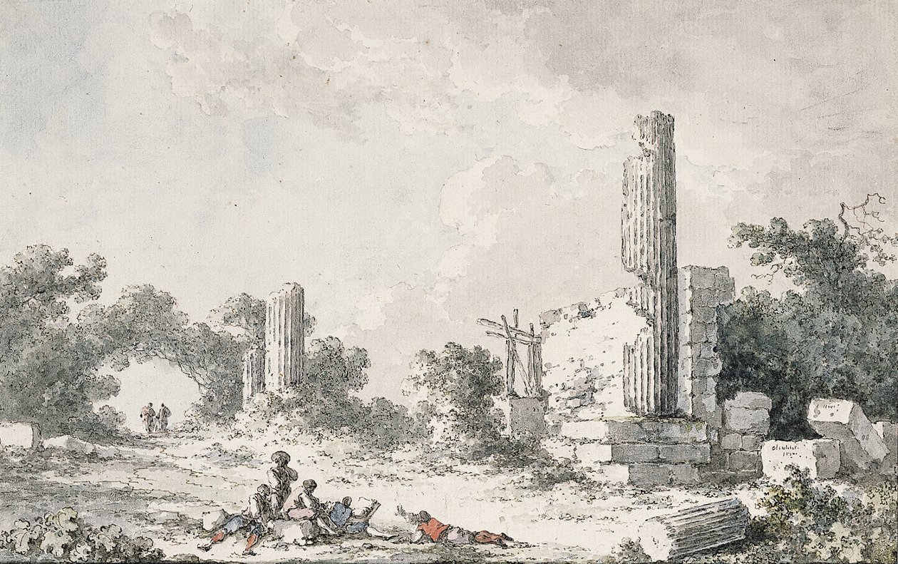Eskiz sanatçılar ile Castor ve Pollux, Agrigento Tapınağı kalıntıları by Claude Louis Chatelet