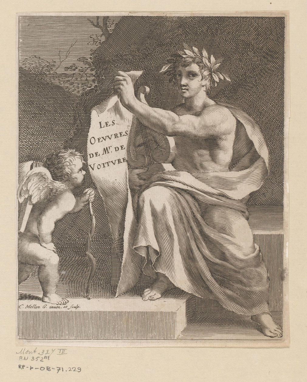 Apollo en een amor Mr. de Voiture'ın Eserleri (nesne üzerindeki başlık) Başlık sayfası: Vincent de Voiture, Vincent de Voiture'ın Eserleri, 1650 by Claude Mellan