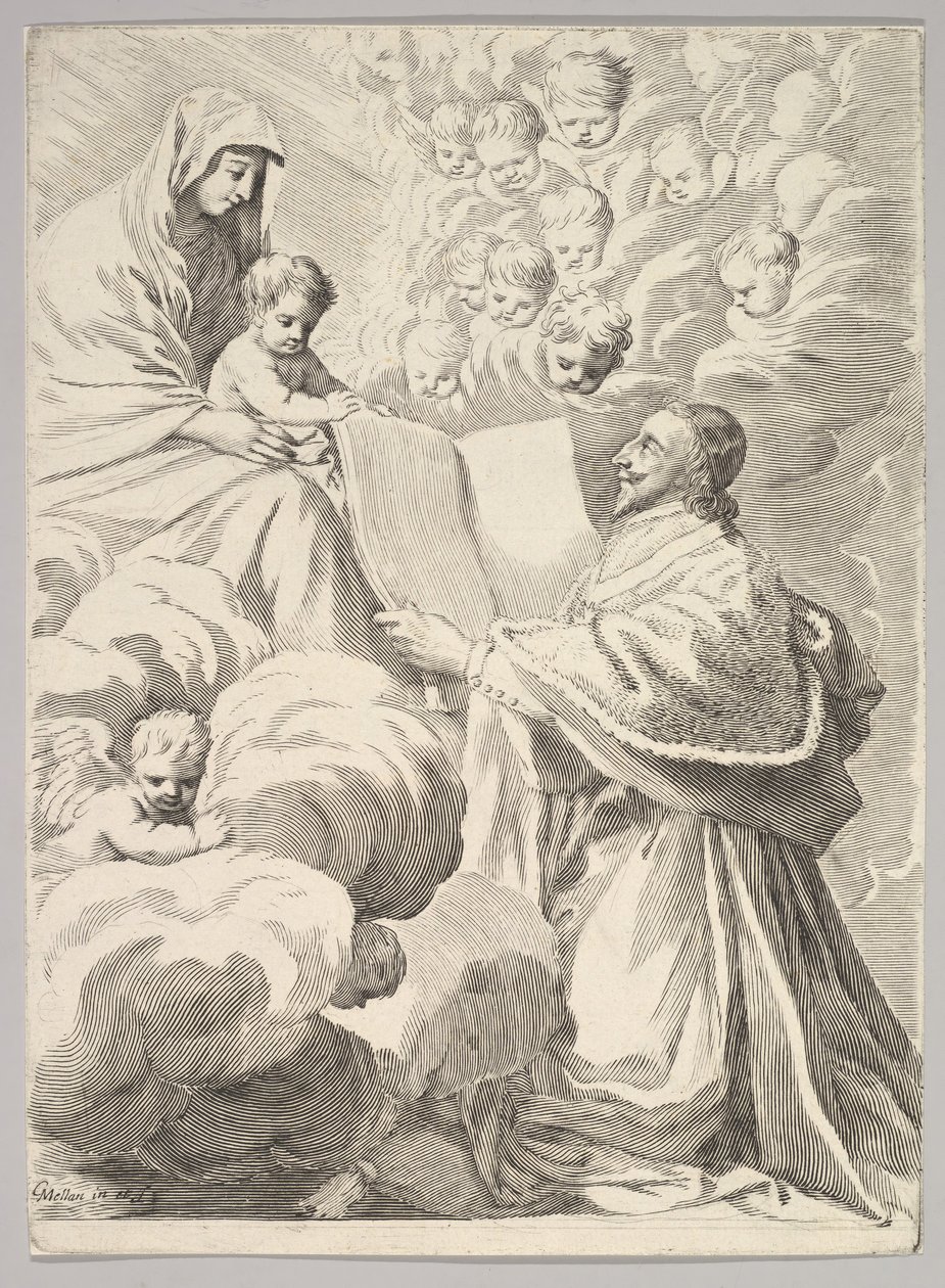 Kardinal Richelieu, Diz çökmüş, Kitabını Bakire ve Çocuğa Sunar, yaklaşık. 1646. by Claude Mellan