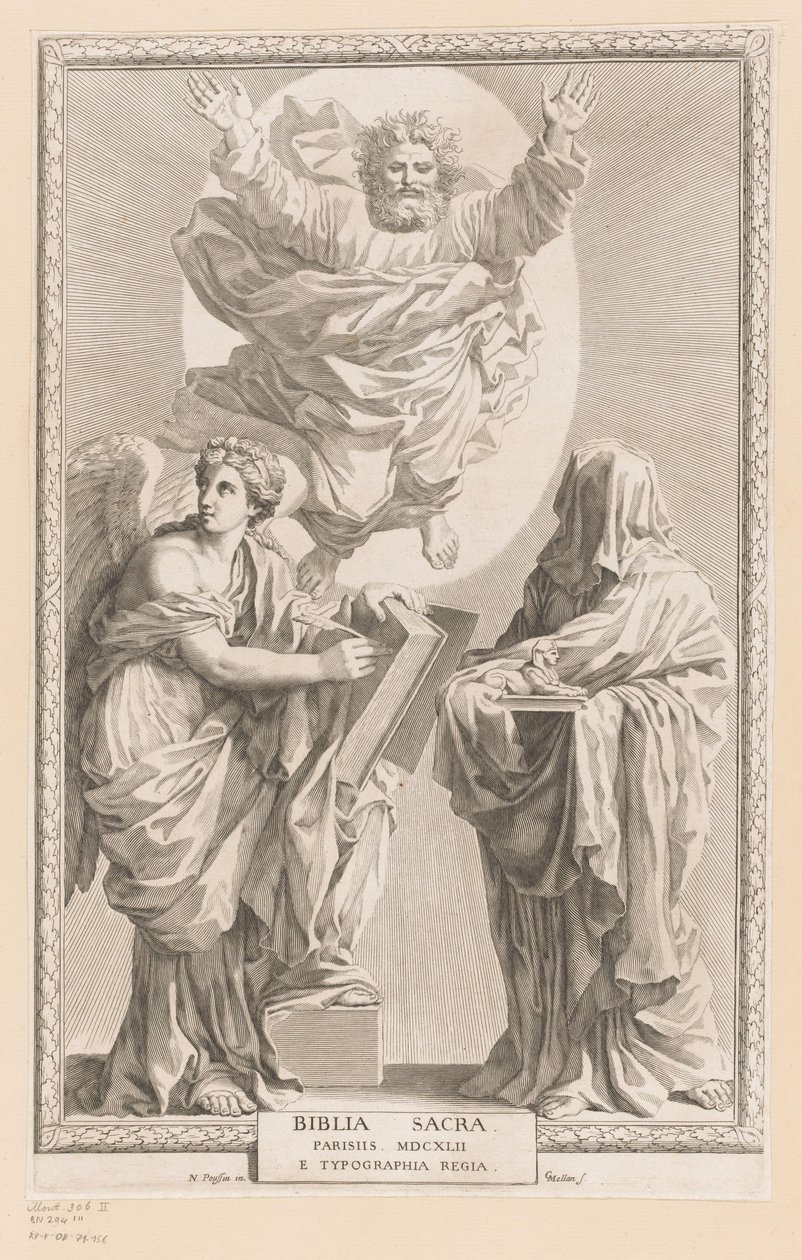 Tarih ve Kehanet kişileştirme ile Tanrı Başlık sayfası: Biblia Sacra, 1642 by Claude Mellan