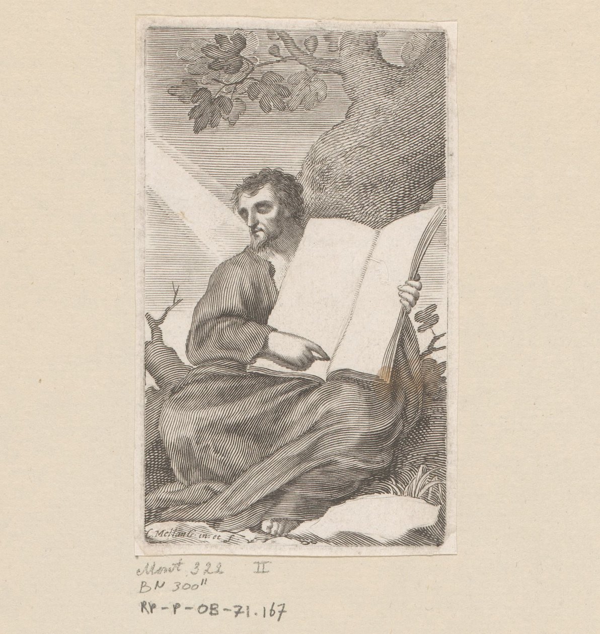 Bir ağacın dibinde oturan Aziz Augustine Başlık sayfası: Les Confessions de Saint Augustin, 1639 by Claude Mellan