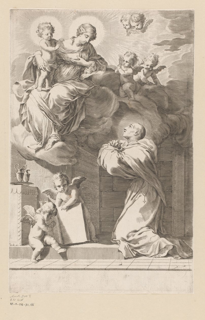 H. Bernard, Bakire ve Çocuğun bir görüntüsünün önünde diz çöküyor Başlık sayfası: Saint Bernardus, Divi Bernardi Abbatis (...), 1640 by Claude Mellan
