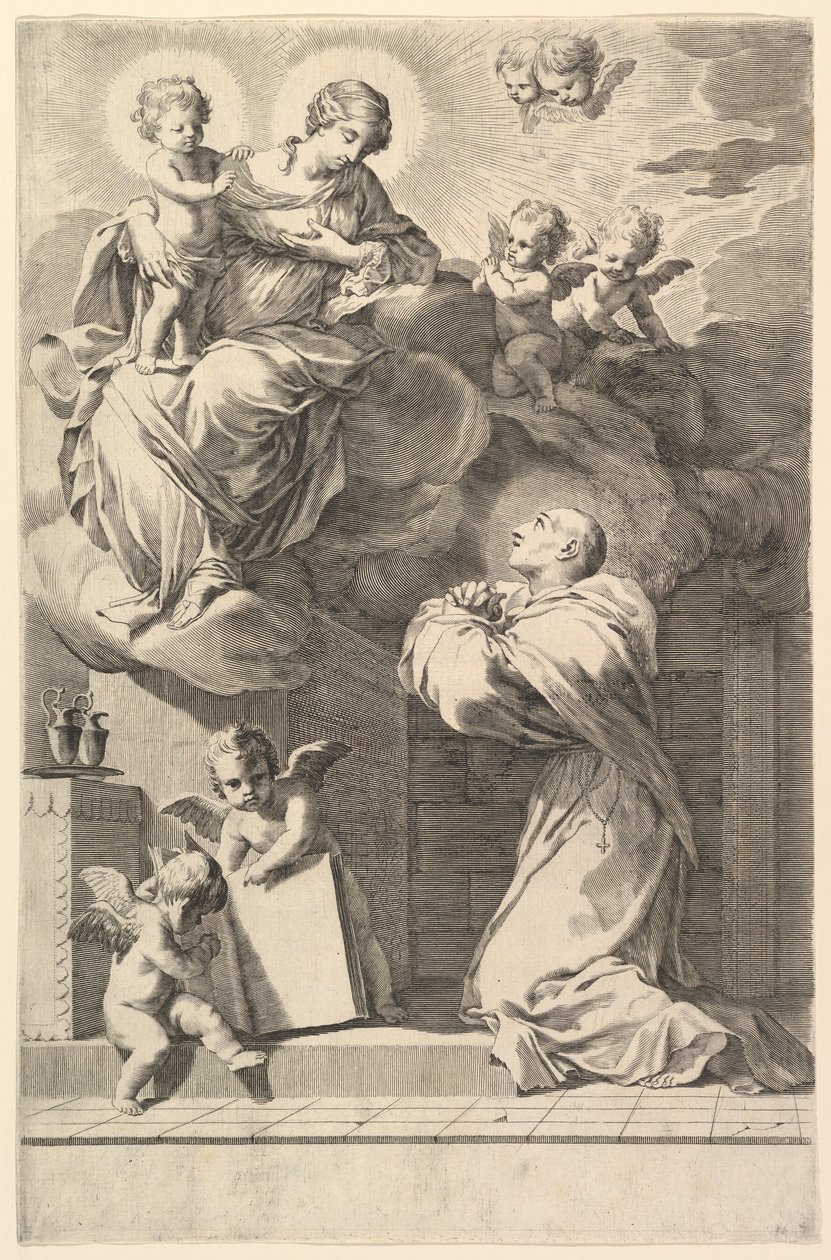 Aziz Bernard Bakire ve Çocuğun Önünde Diz Çöküyor, 1640. by Claude Mellan