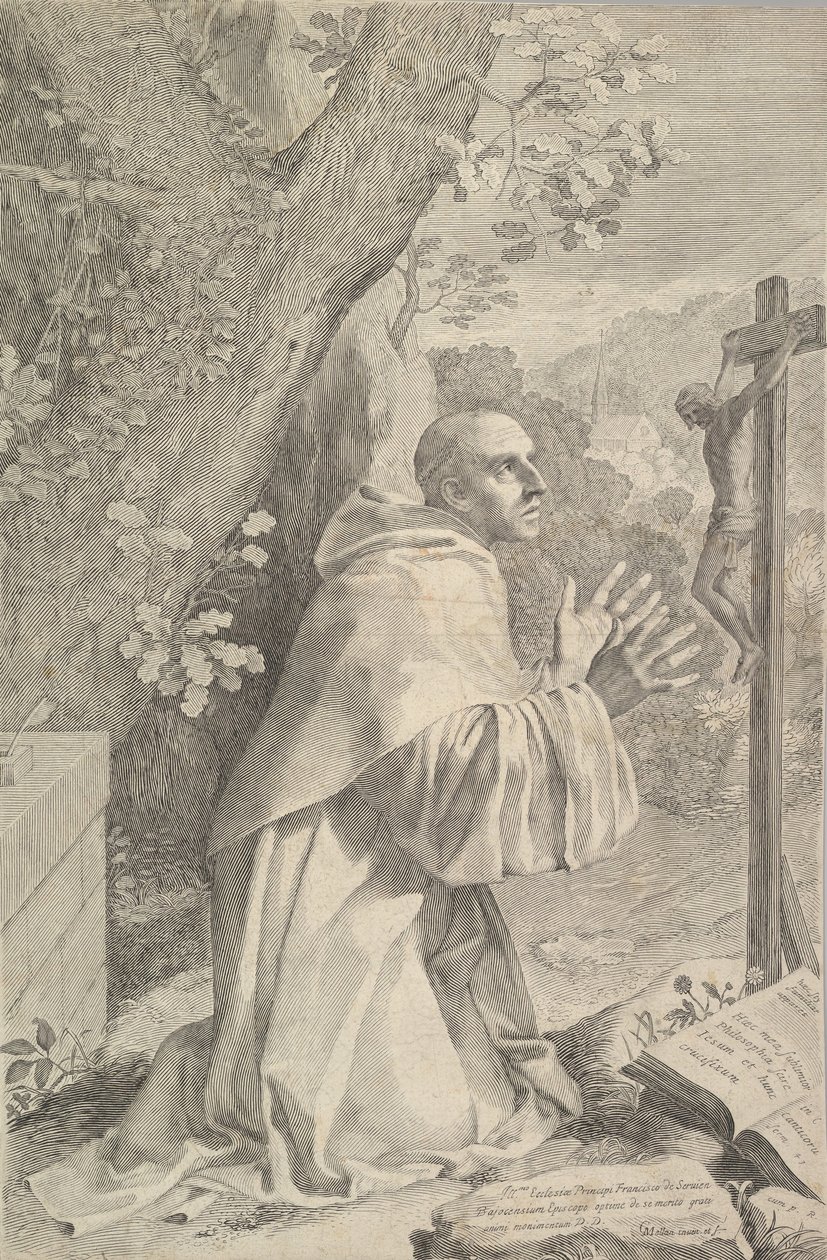 St. Bernard Bir Haç Önünde Diz Çöküyor, yakl. 1655. by Claude Mellan