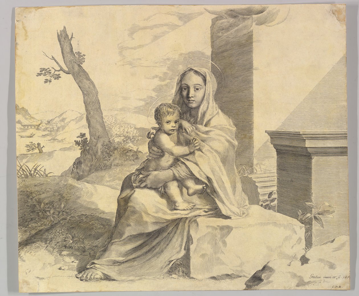 Bakire ve Çocuk Kayanın Üzerinde Oturan Bakire ve Çocuk Harabelerde, 1659. by Claude Mellan