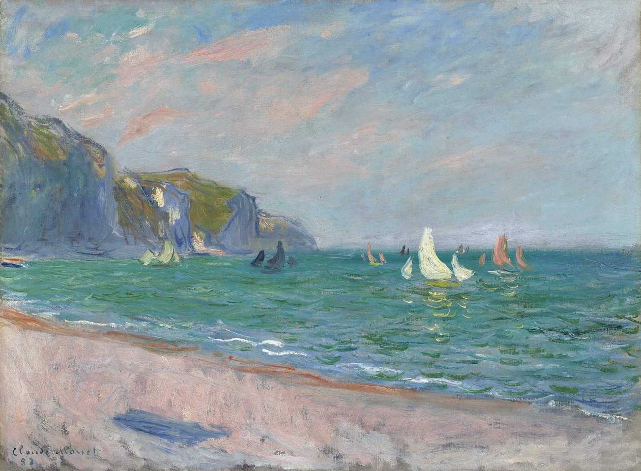 Pourville kayalıklarının önündeki tekneler, 1882 by Claude Monet