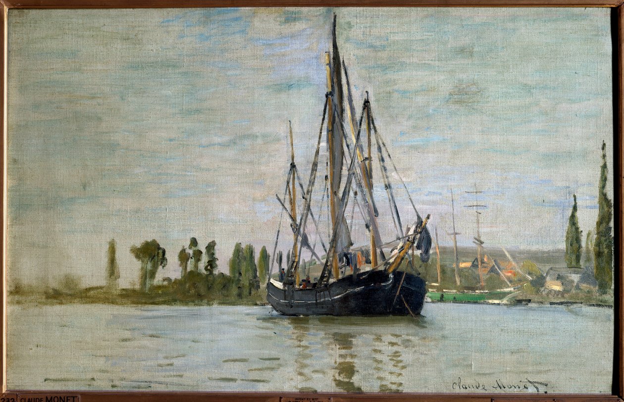 Chasse maree (Chasse-Maree), Rouen yakınlarında demir atmış, Resim Claude Monet (1840-1926) 1871 Güneş. 0,48x0,75 m Paris, musee d
