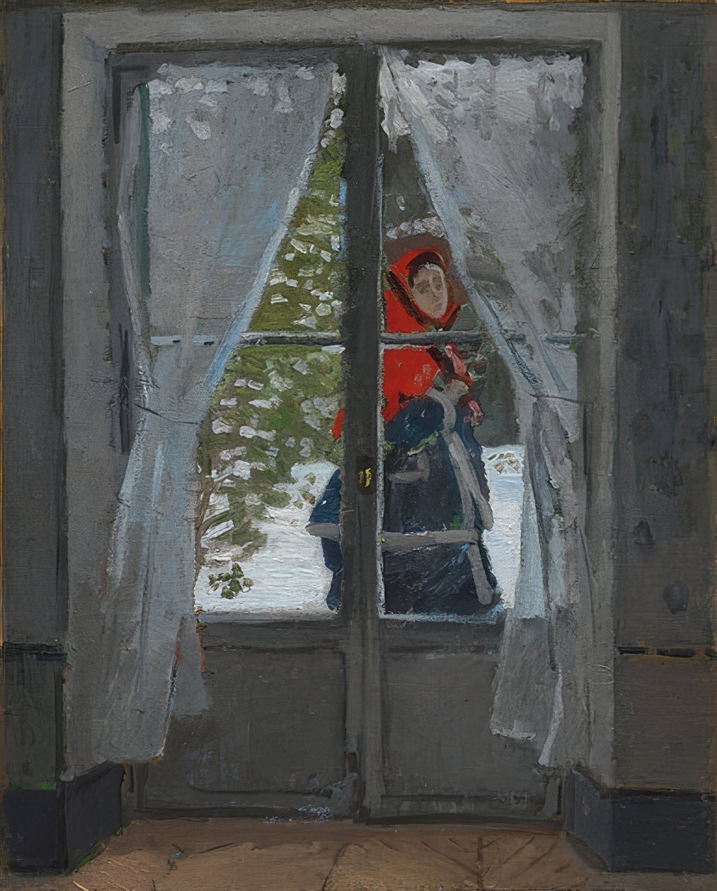 Kırmızı başörtüsü (La capeline rouge). 1868-73 civarında by Claude Monet