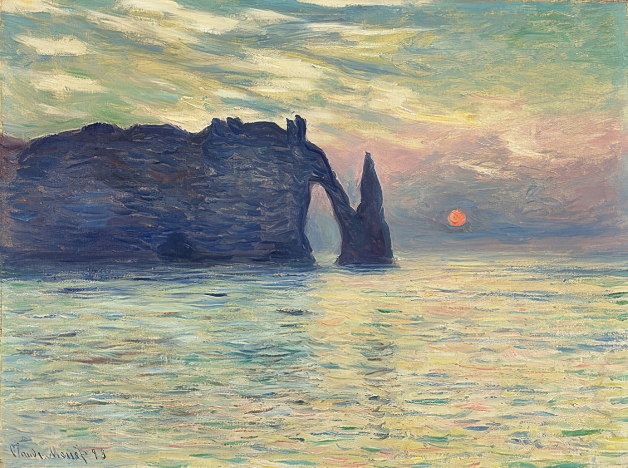 Kayalar, Etretat, gün batımı. 1882-83 by Claude Monet
