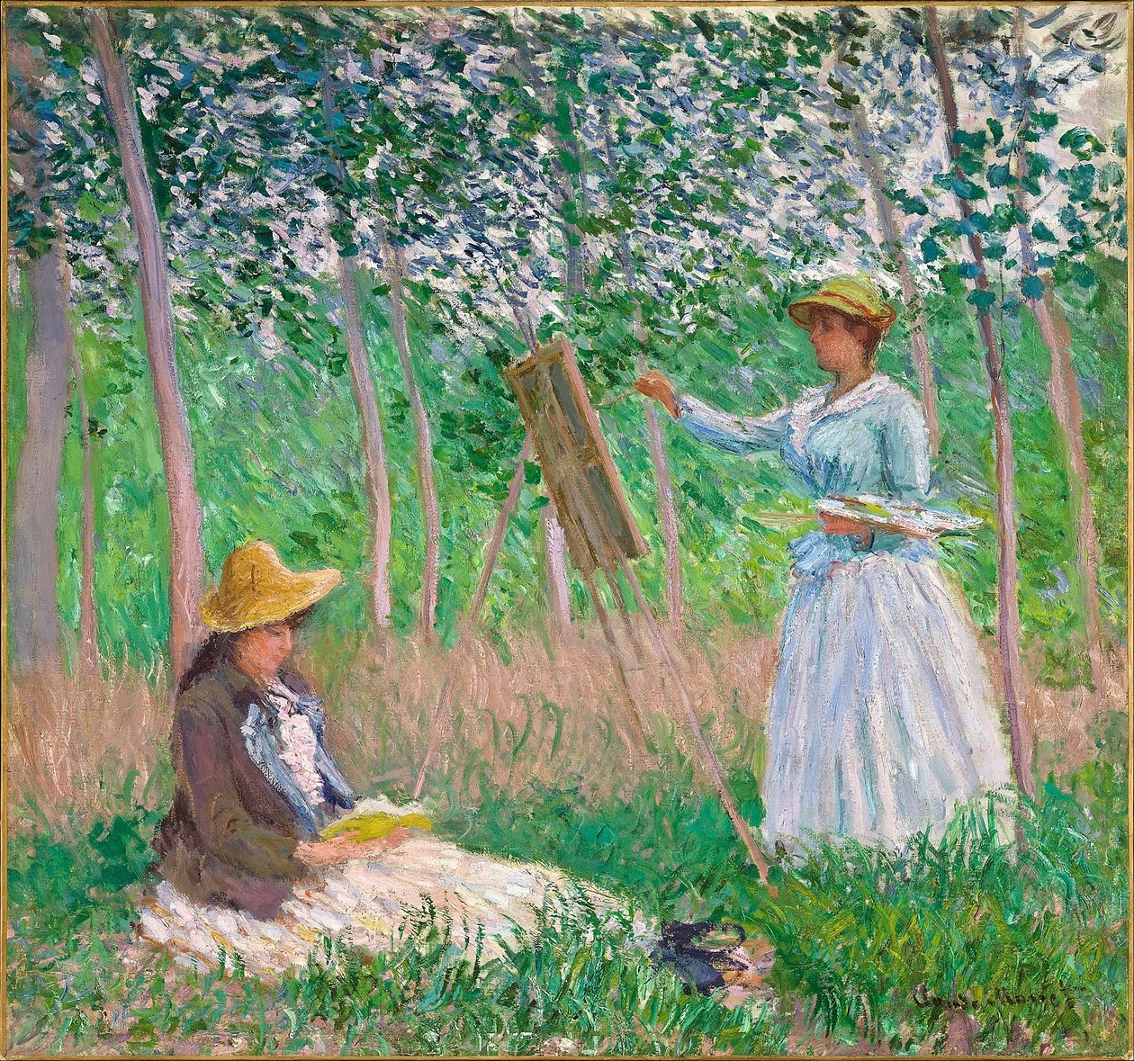 Ormanda Giverny- Blanche Hoschedé Suzanne Hoschedé ile Şövalesinde Okuma by Claude Monet
