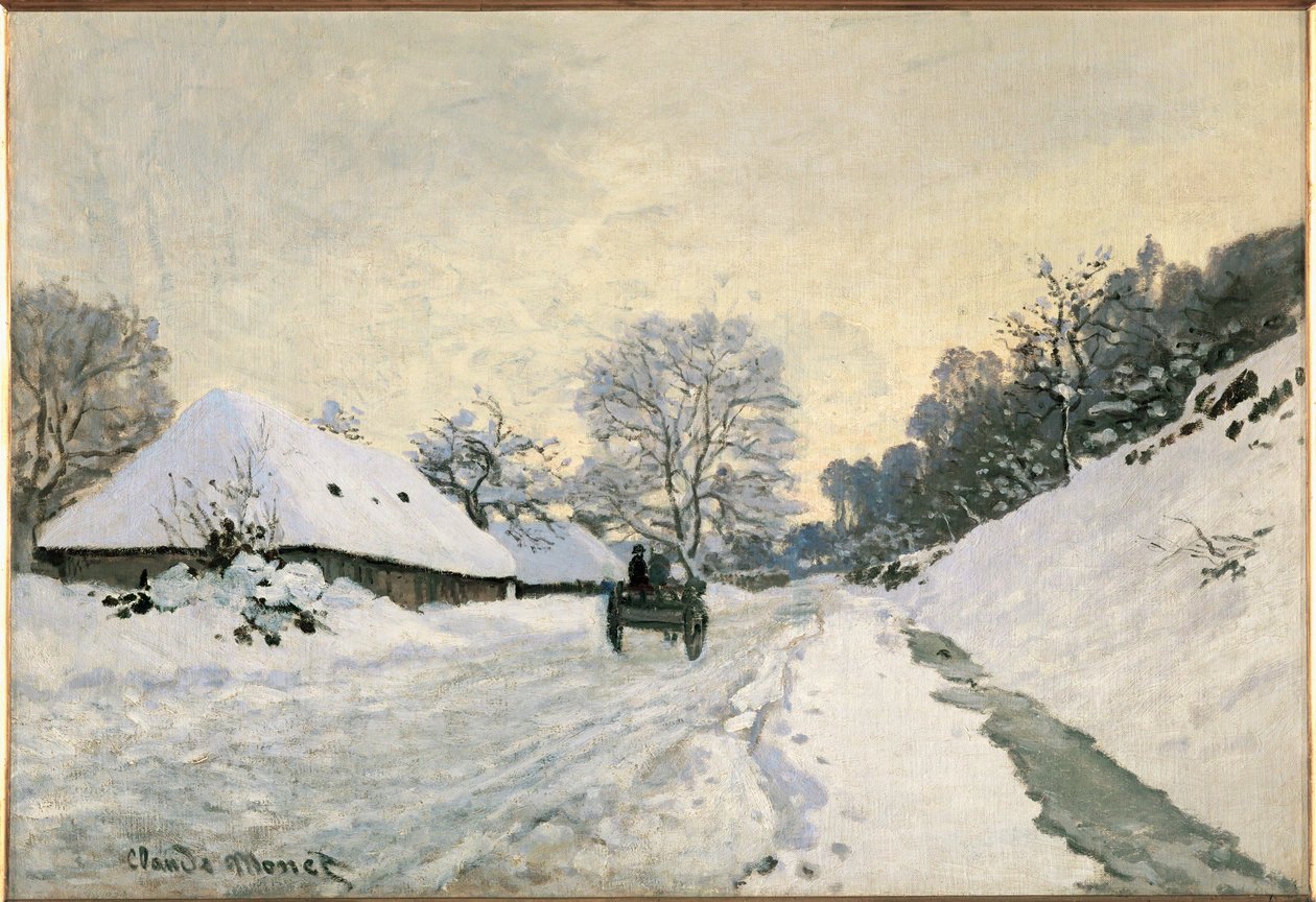 La charette, route sous la neige a Honfleur (tuval üzerine yağlıboya) by Claude Monet