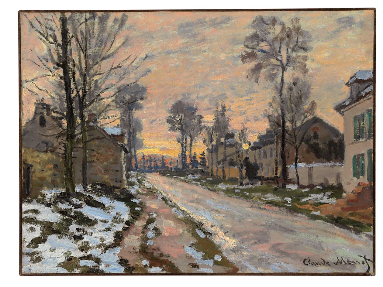 Louveciennes Yolu, eriyen kar, batan güneş, 1869-70 dolayları by Claude Monet
