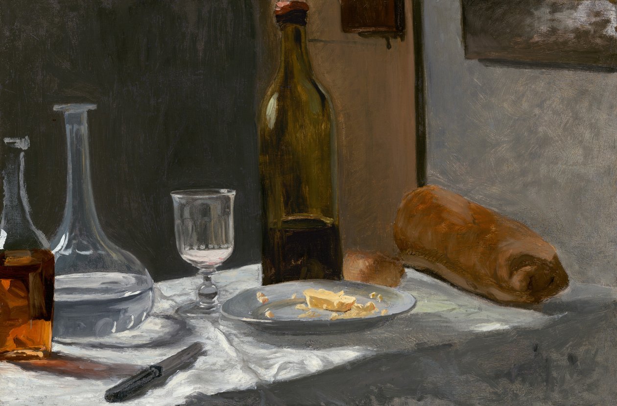 Şişe, Sürahi, Ekmek ve Şarap ile Natürmort by Claude Monet