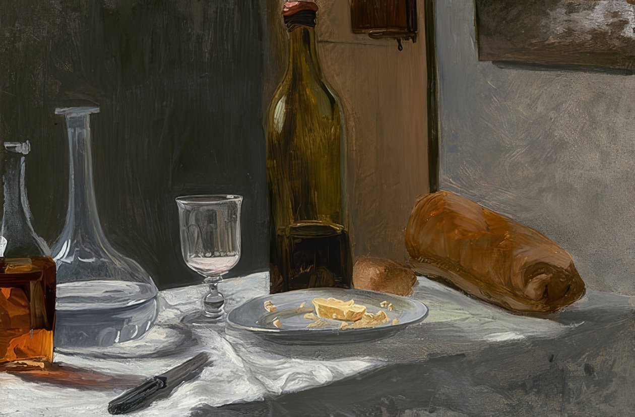 Bir şişe, sürahi, ekmek ve şarap ile natürmort. 1862/63 civarında by Claude Monet