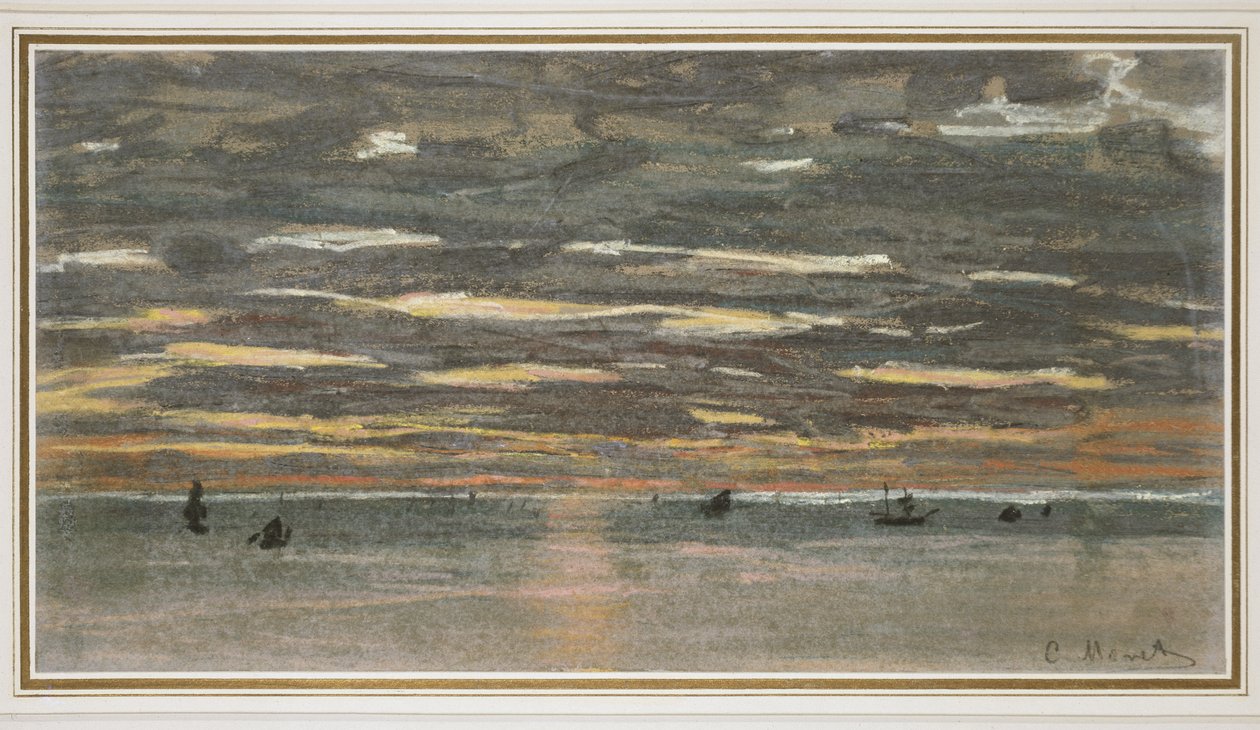 Denizde Gün Batımı, 1865-1870 (devetüyü kağıda pastel) by Claude Monet