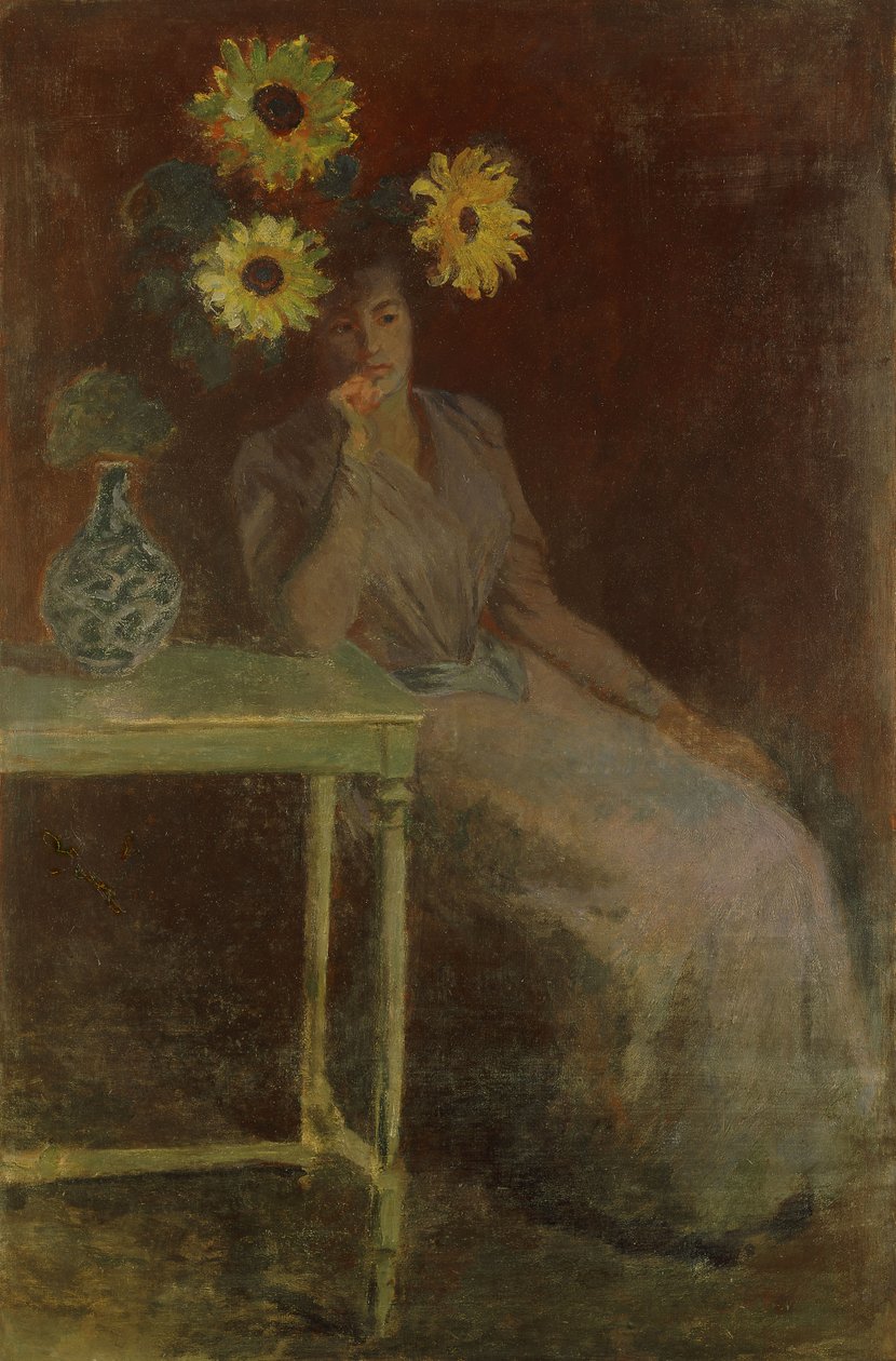 Ayçiçekli Suzanne; Suzanne aux Soleils, 1889 dolayları by Claude Monet