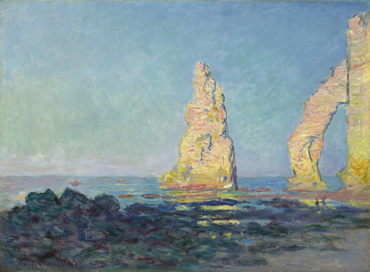 Etretat İğnesi, Alçak Gelgit; Aiguille d"Etretat, maree bas, 1883 by Claude Monet