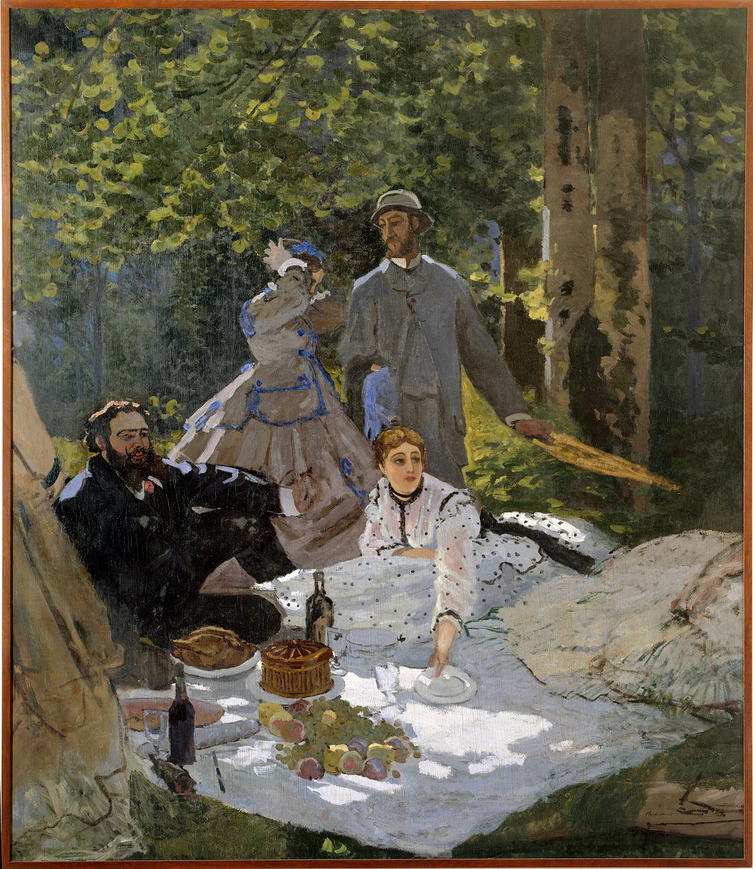 Çimlerde kahvaltı (ortada Frederic Bazille (1841-1870), Camille Doncieux (1847-1879) ve Gustave Courbet (1819-1877) bir Gauche portresi) by Claude Monet